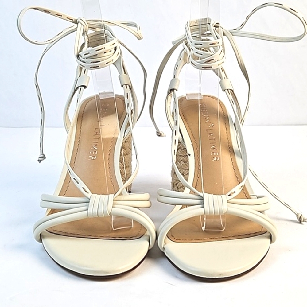 Gibson Latimer Tasha Sheep Leather Cream Open Toe Ankle Wrap Block Heel Sandal - Picture 5 of 16